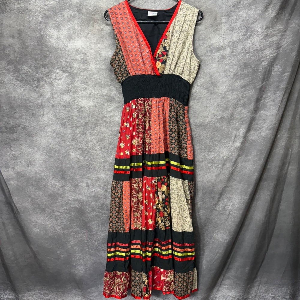 VTG 90s Shoreline Patchwork Maxi Dress Size XL Red Floral Peasant Cottage Gypsy